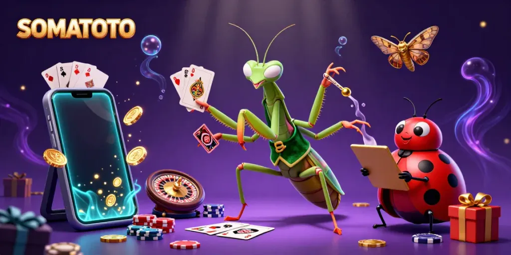 SOMATOTO engaging 3D illustration with a giant praying mantis card sharp and a ladybug pit boss in a lively casino scene, showcasing slot games and vibrant game elements.