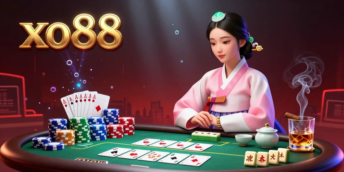 Experience excitement with xo88 at a vibrant poker table surrounded by dynamic casino elements.