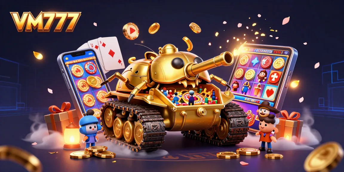 Experience the thrill of VM777 with vibrant slots and casino action in a dynamic 3D scene.