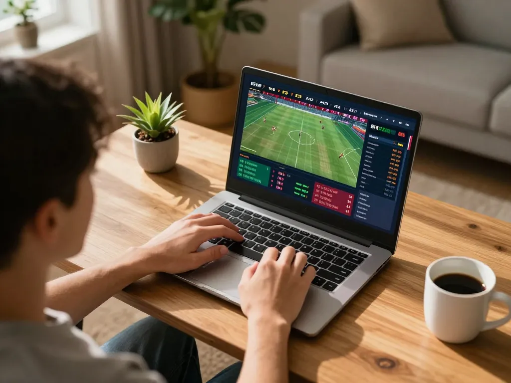 Person engaging in sports betting online at RR99 in a cozy home environment