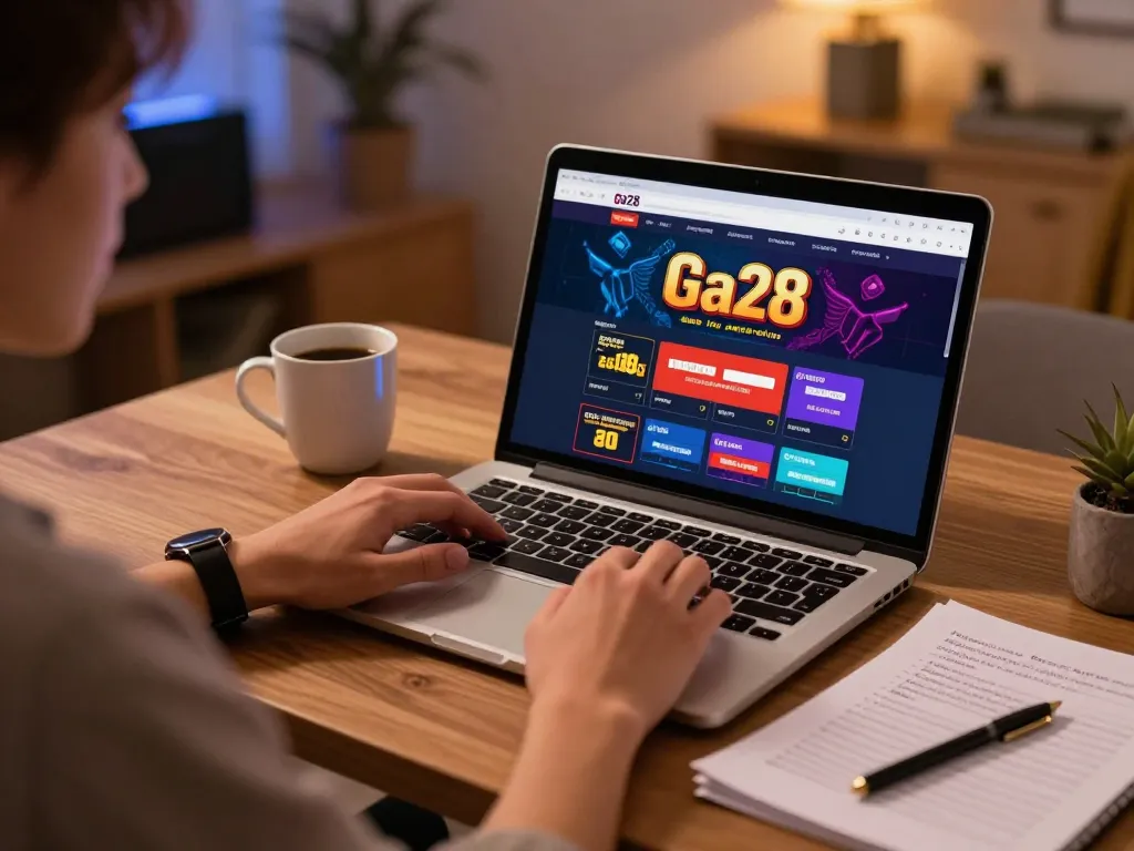 Ga28 online player enjoying casino gaming at home with laptop and strategy notes.