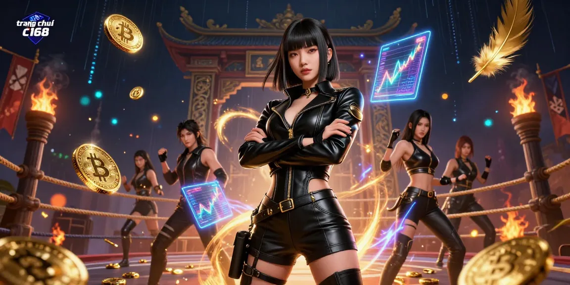 Engage with exciting action on trang chủ c168 featuring a stunning casino scene full of cryptocurrency elements.