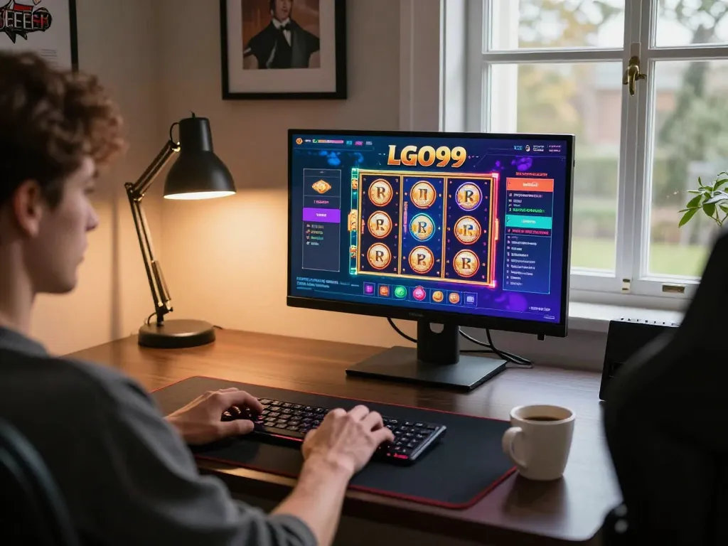 LGO99 online gaming session showcasing vibrant slot graphics on laptop screen.