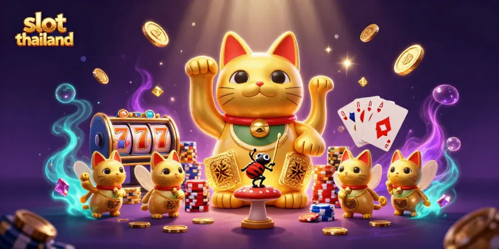 Pemain merasakan sensasi slot Thailand dengan pengalaman permainan yang menarik melalui simbol keberuntungan yang menyala dan gemerlap di dunia slot.