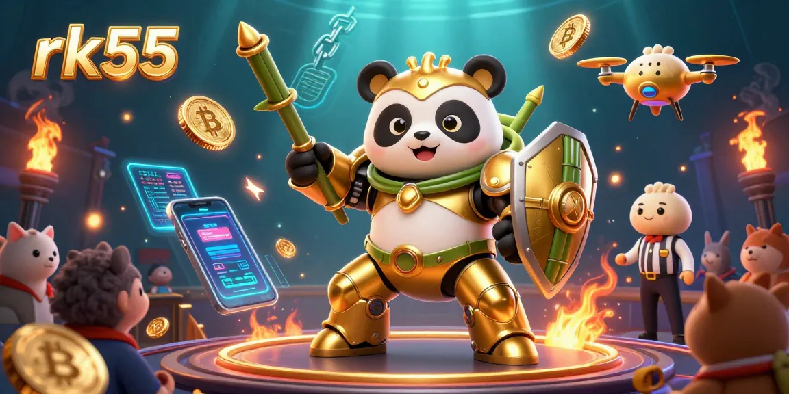 Engage in exciting gameplay at rk55 with a dynamic illustration featuring a golden panda mech-suit in a vibrant casino arena.
