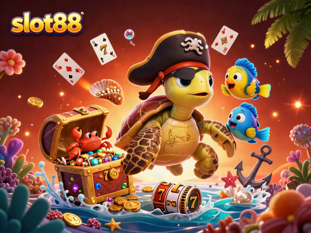Engage in thrilling slot88 action with a pirate turtle, crabs, and vibrant treasures.