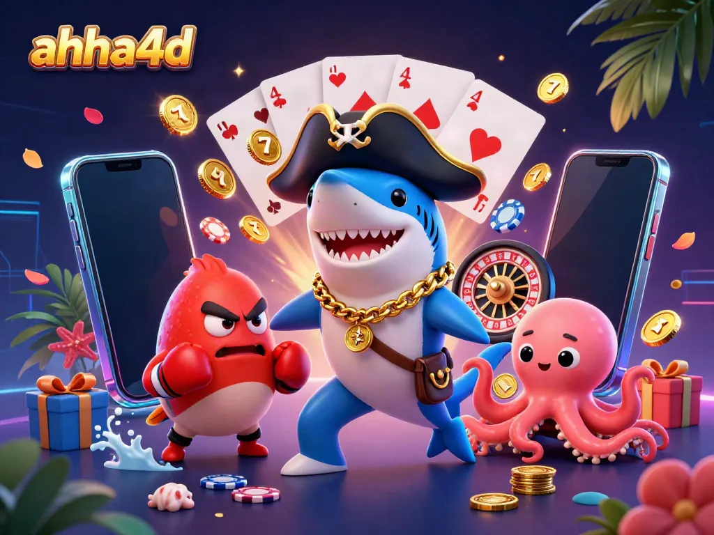 Spin and win at ahha4d with vibrant slot games showcased by a cartoon pirate shark, pufferfish, and octopus!