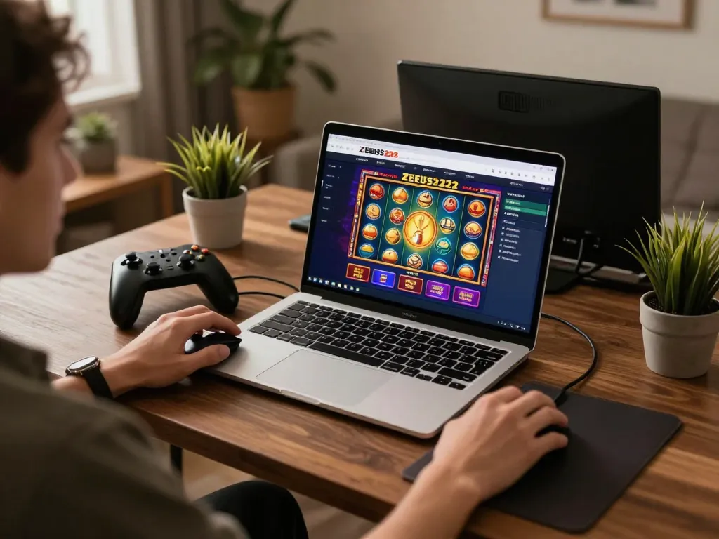 Playing slot games on ZEUS222 online casino platform in a cozy home environment.