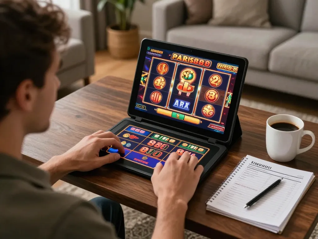 Player enjoys exciting online slots experience with Paris888 in a cozy home environment.