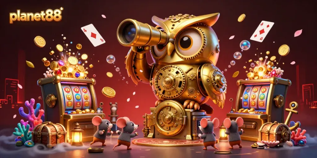 Experience the thrilling world of planet88 with a golden owl and vibrant slot machines in a bustling casino.