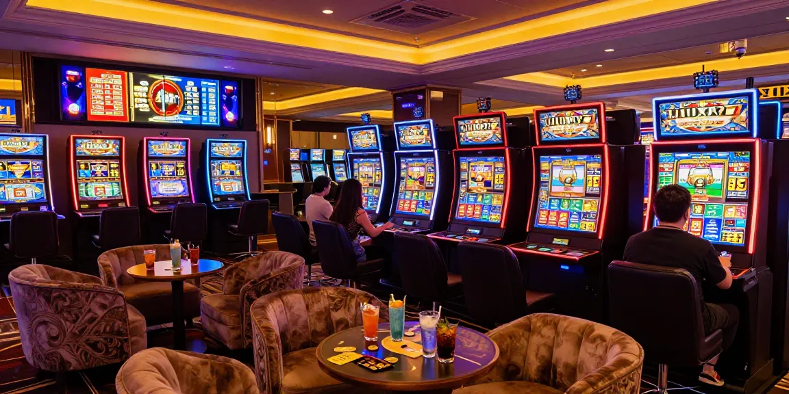 Ruang permainan mewah LUXURY777 dengan mesin slot modern dan pencahayaan cerah.
