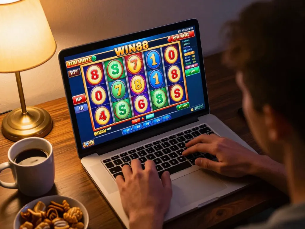 Player engaged in online gaming at WIN88, showcasing vibrant slot interface and cozy atmosphere