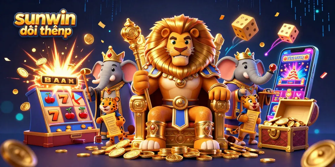 Experience sunwin đổi thưởng with a dynamic scene featuring a lion king and slot machines bursting with coins.