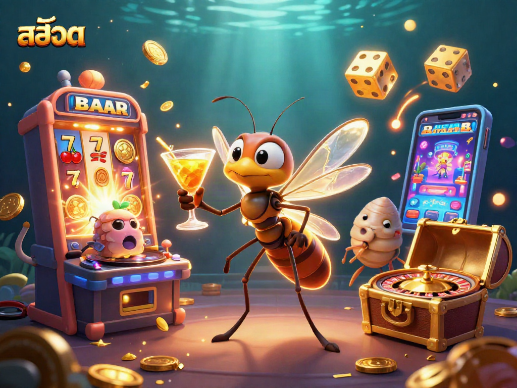 Engage with สล็อต in this vibrant 3D casino scene featuring lively characters and slot elements.