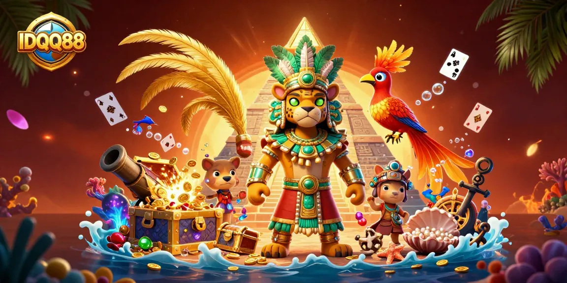 Experience the thrill of gaming at IDQQ88 with vibrant 3D Mayan-themed casino illustration.