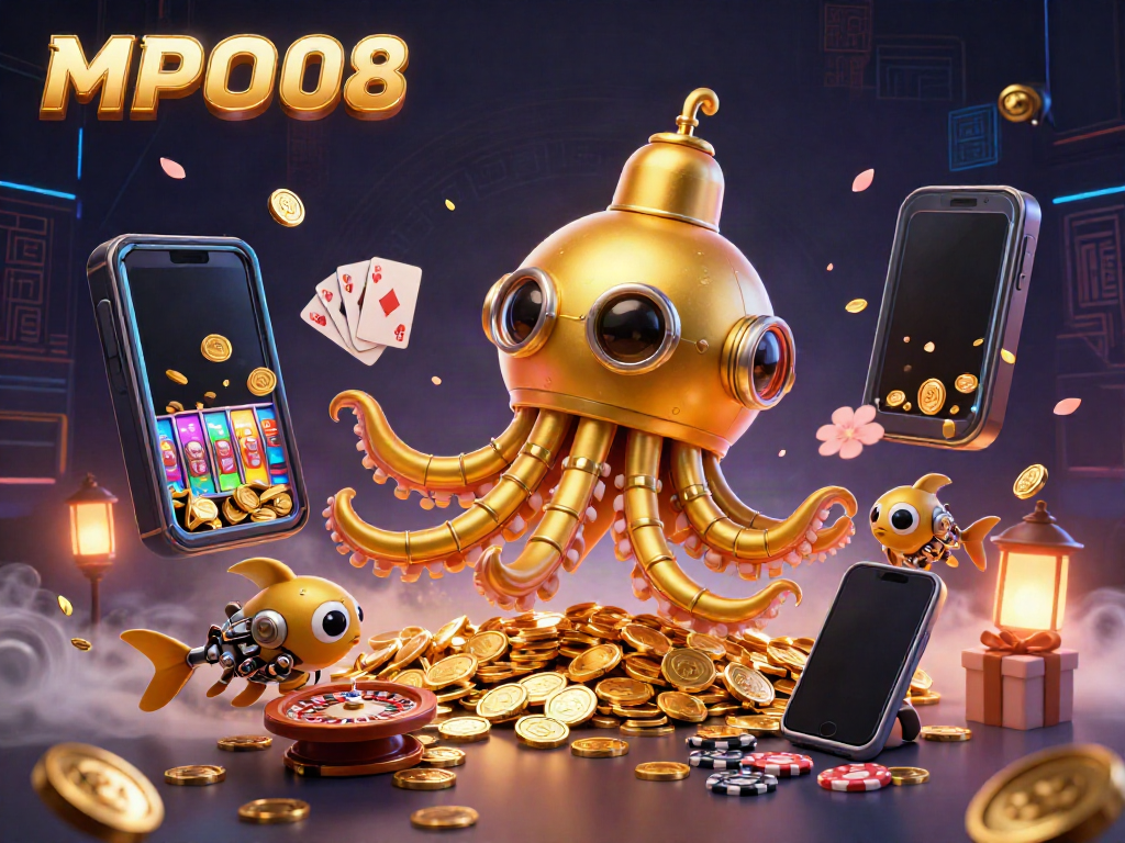 MPO08 showcases a vibrant 3D scene with a kraken submarine and mechanical fish amidst golden coins, slot game features, and casino elements.