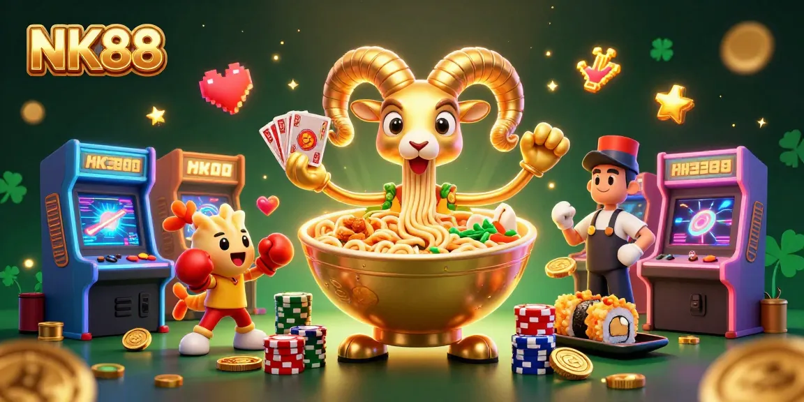 Engage with NK88's vibrant casino world where a golden ramen bowl dealer entertains players.