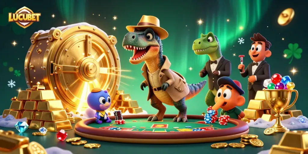 LUCUBET brings a vibrant, cartoonish scene of a velociraptor stealthily counting cards while a stegosaurus pit boss observes, capturing an engaging casino atmosphere.