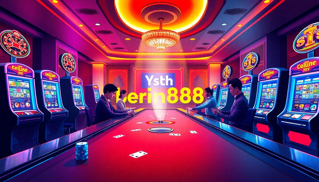 Berlian888 players engaging with vibrant slot machines and gaming tables in a luxurious online casino.