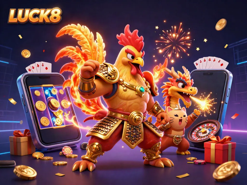 Join the excitement at LUCK8 with a lively casino scene featuring unique characters and games.