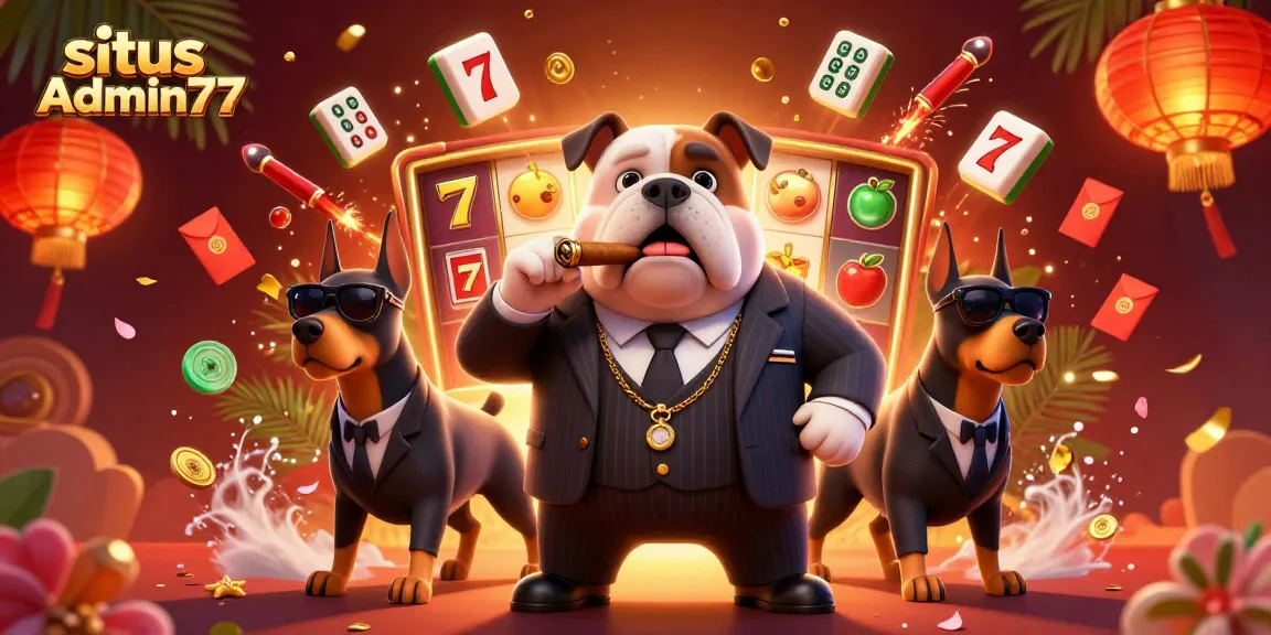 Situs Admin77 showcases a lively casino scene with cartoon characters and slot reels.