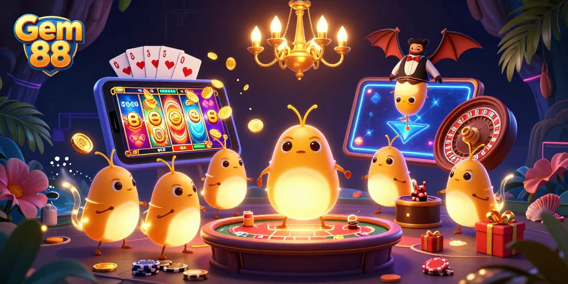 Experience Gem 88's cave casino ambiance with glowworms illuminating games and a bat dealer