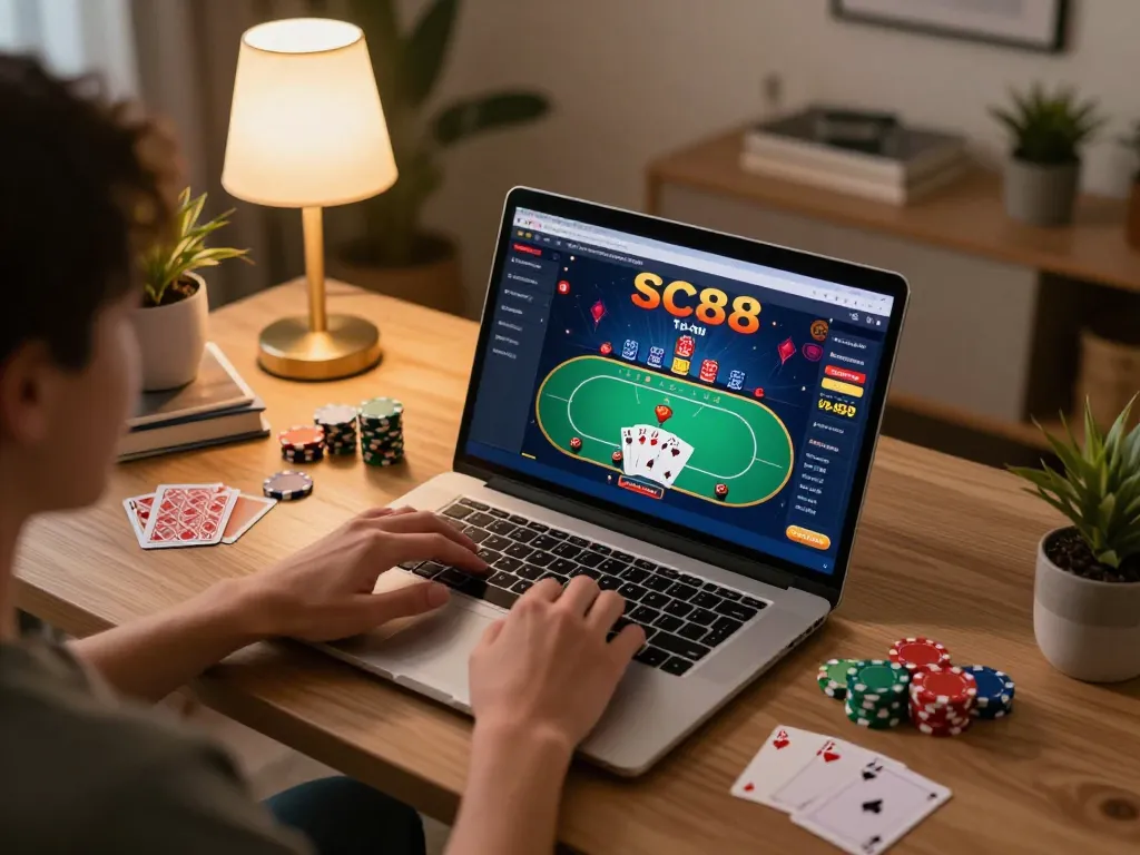 Engaging gameplay on SC88 To online casino interface, player immersed in strategic poker session.
