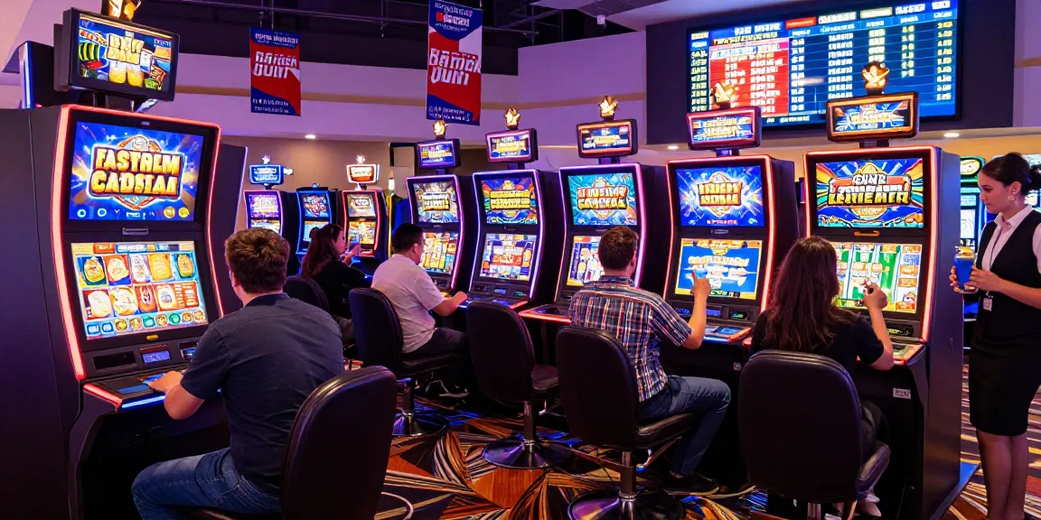 Slot depo 10k di kasino yang ramai dengan pemain bersenang-senang, lampu warna-warni, dan suasana yang meriah.