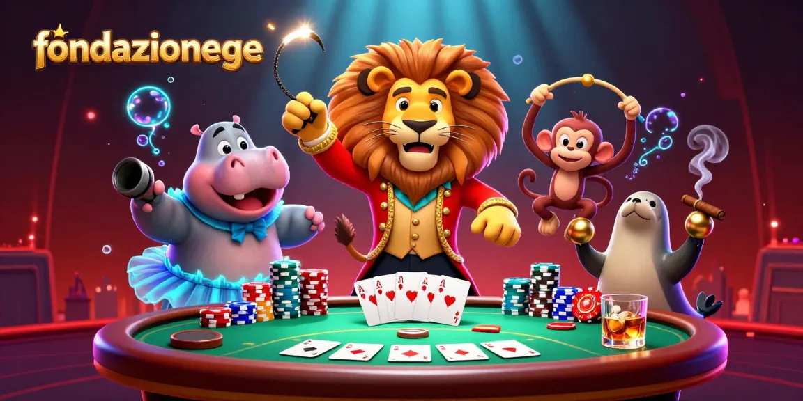 Bet on fondazionege with this vibrant 3D illustration featuring a circus lion, hippo, monkey, and seal at an exciting poker table.
