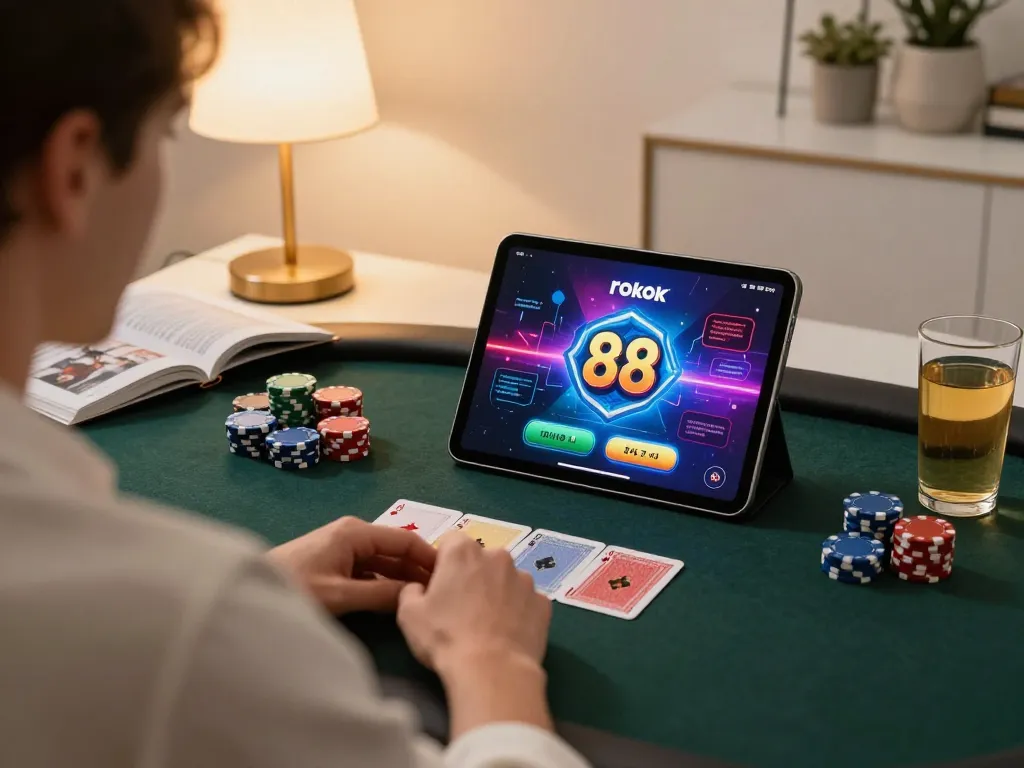 Player engaged in online poker game with rokok 88 themed visual on tablet, engrossed in strategy.