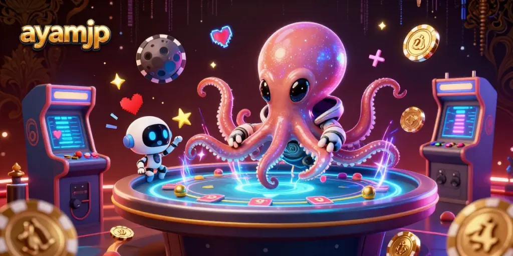Experience thrilling gameplay with ayamjp in this dynamic casino illustration featuring a cosmic octopus and vibrant gaming elements.