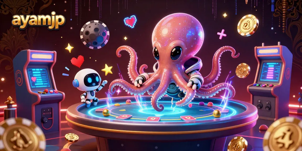 Experience thrilling gameplay with ayamjp in this dynamic casino illustration featuring a cosmic octopus and vibrant gaming elements.