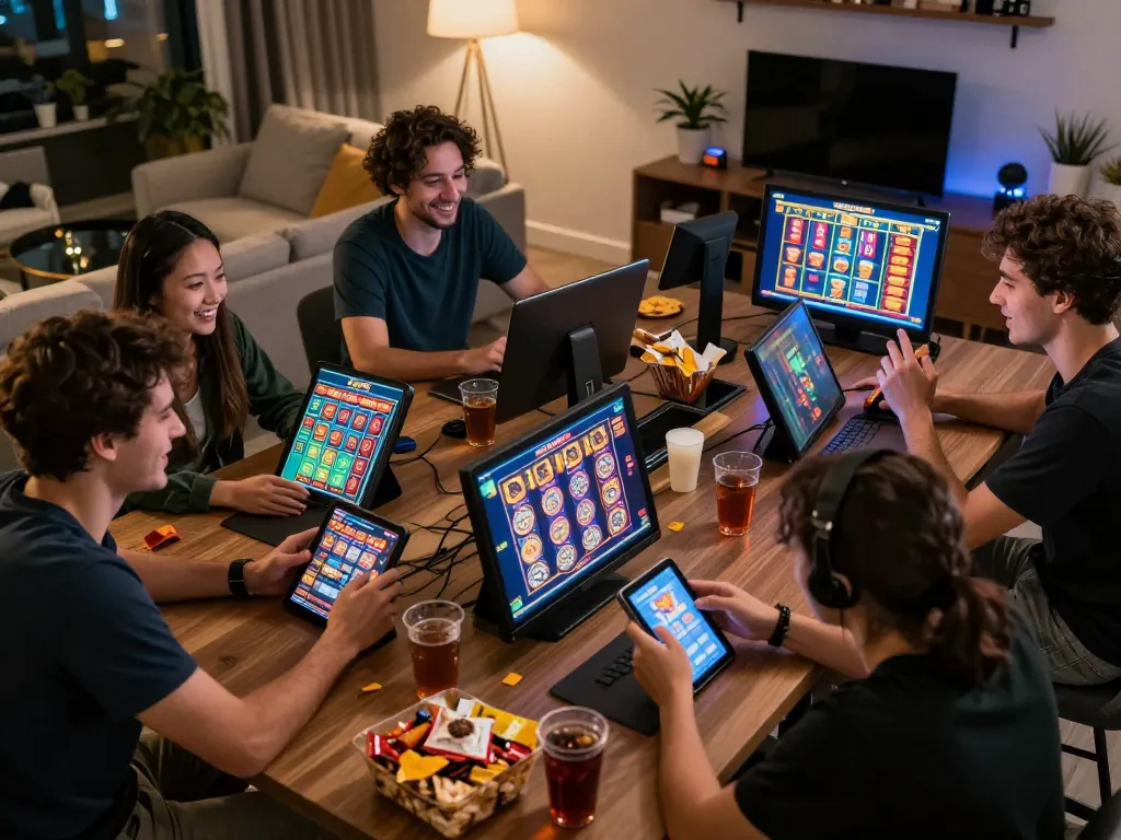 Players enjoying LGOSUPER online games on various devices, celebrating wins in a cozy home setup