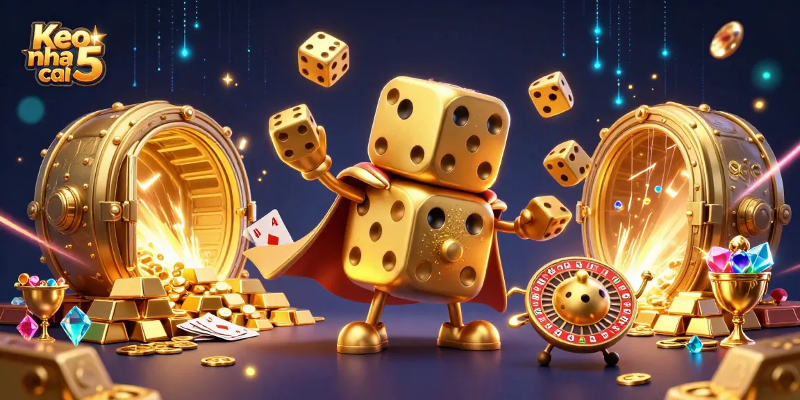 Engage with Keo nha cai 5 – a thrilling scene of a golden dice golem amid riches, showcasing exciting gambling elements.