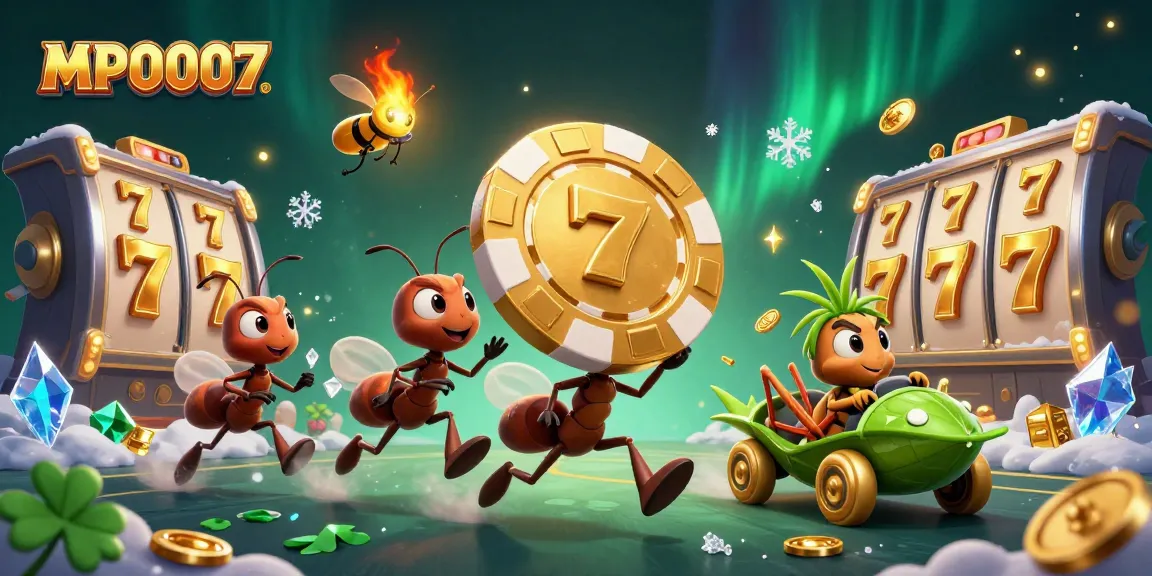 MPO007 ants collect a giant poker chip in a vibrant gambling scene with slot elements.