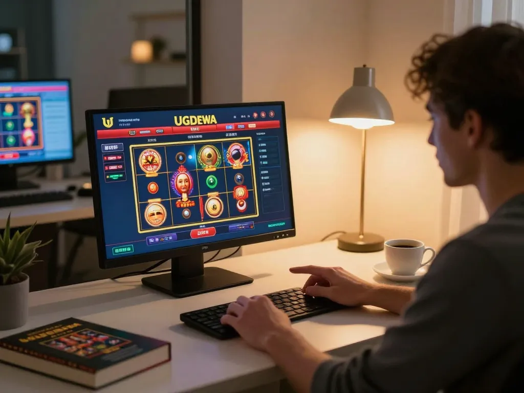 Player engaging in online slot games on UGDEWA, immersed in responsible gambling.