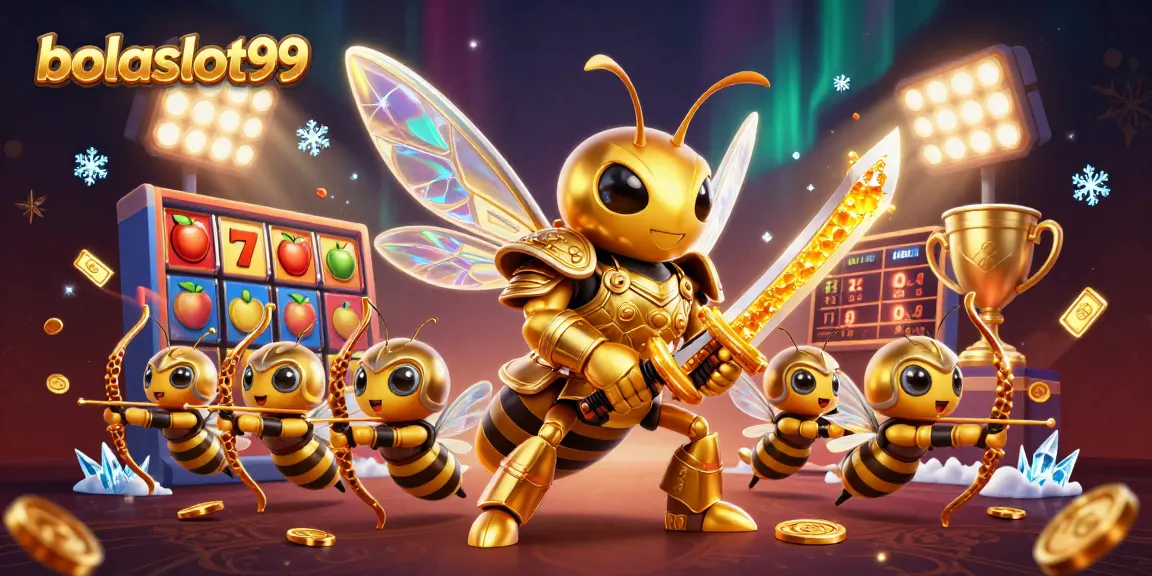 Bolaslot99 showcases a vibrant slot gaming scene with a golden hornet hero and dynamic game elements.