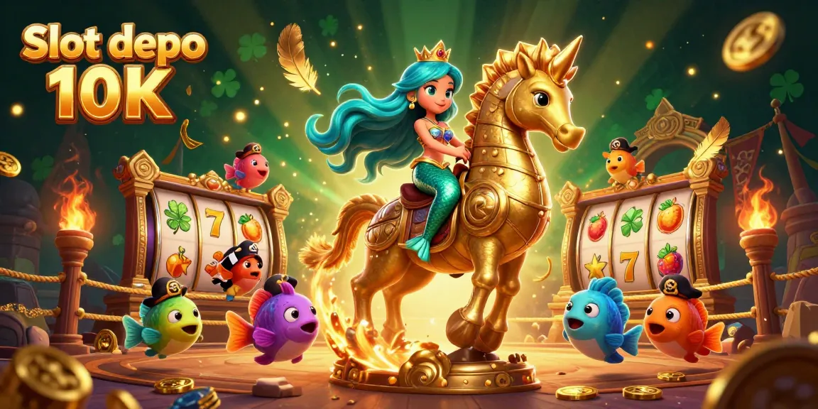 Spin to win with Slot depo 10K in this vibrant casino scene featuring a mermaid princess and dynamic game elements.