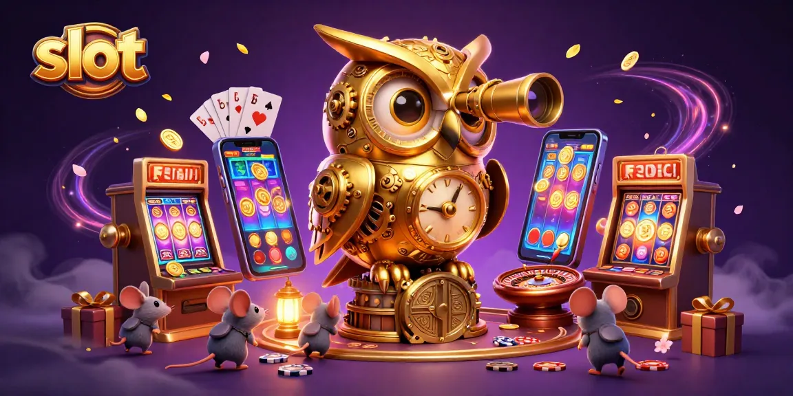 Menang besar dengan slot yang menampilkan gambar mesin kasino dan karakter lucu.