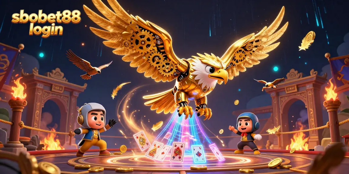 Experience sbobet88 login with an intricate 3D illustration featuring a cybernetic golden eagle and dynamic gaming elements.