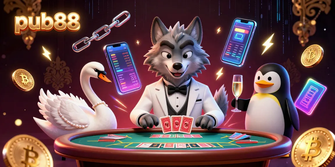 Experience the excitement of pub88 as a debonair wolf plays baccarat with an elegant swan and a penguin sommelier.