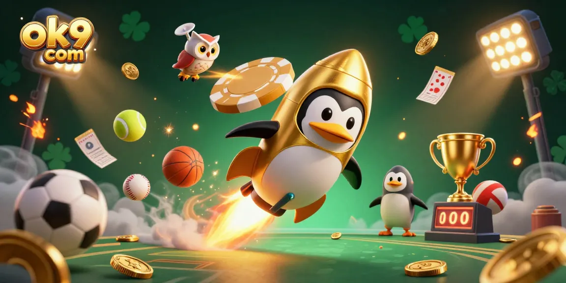 Betting with ok9 com: A golden penguin soaring towards a casino-themed space station.