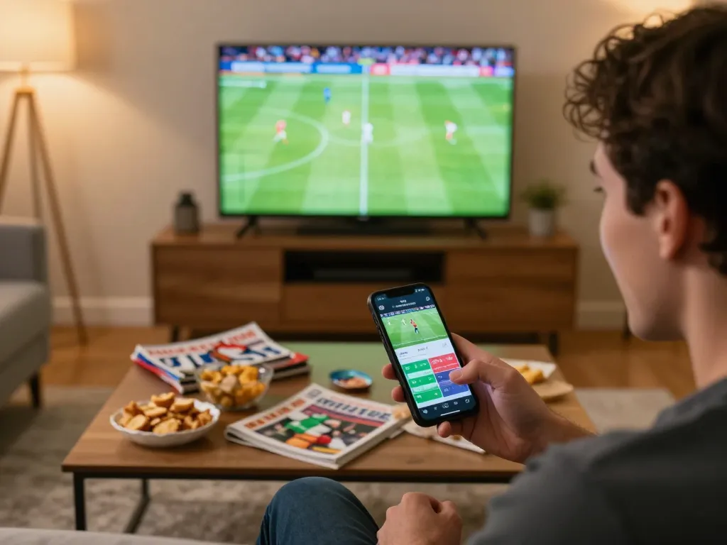 Engaged sports betting enthusiast using a smartphone for kết quả bóng đá trực tuyến while watching a live football match.