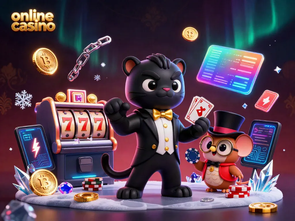 Stylish black panther dealer engaging players at an online casino with poker chips and cards.