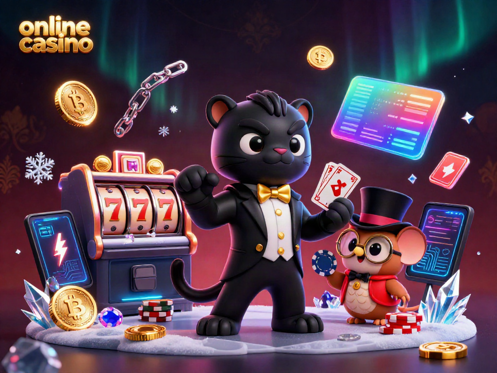 Stylish black panther dealer engaging players at an online casino with poker chips and cards.