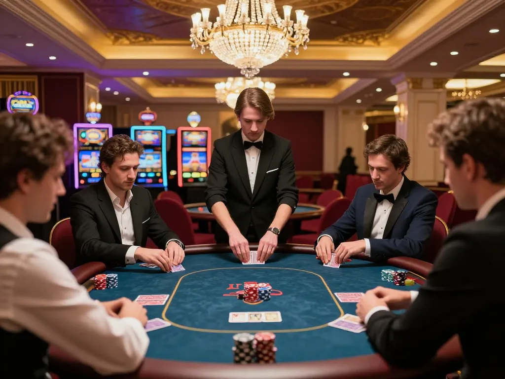 MMOO COM players engaged in a high-stakes poker game in a luxurious casino VIP area with elegant decor