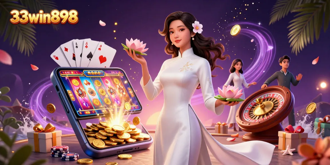 Engage with the thrilling world of 33win898 as coins and colorful slot games come alive.