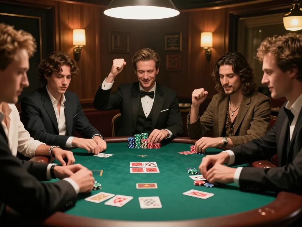 MPOID poker players engaged in intense game, showcasing chips and cards with lively atmosphere.