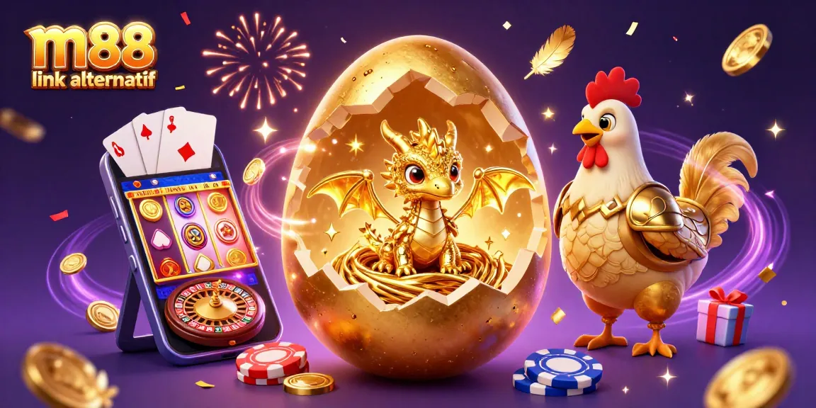 Experience the thrill of m88 link alternatif, featuring a baby dragon and golden poker chips amidst exciting casino elements.