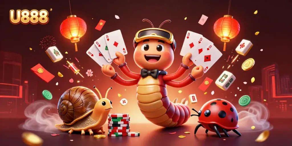 Experience excitement at U888 with a lively casino scene featuring unique characters and game elements.